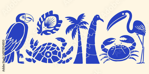 Blue tropical scene featuring birds crabs turtles and palm trees