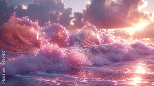 Cinematic glowing ocean wave at sunset, abstract liquid glass water splash.