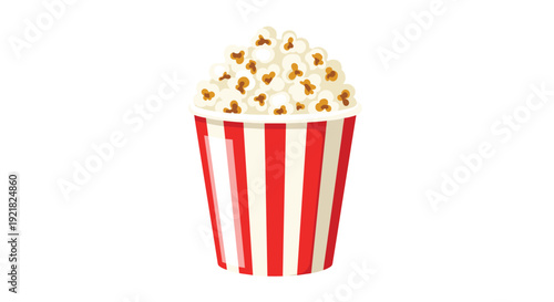 A classic red and white striped bucket filled with freshly popped popcorn stands upright on a clean white background.