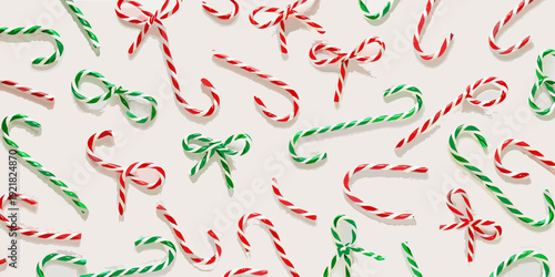 Overhead view of colorful candy canes in a repeating pattern