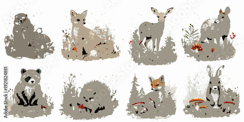 Watercolor style illustrations of forest animals with floral elements