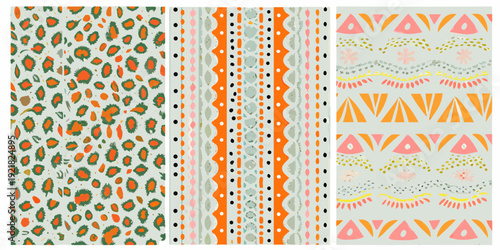 Four colorful patterned fabric swatches arranged in a vertical line