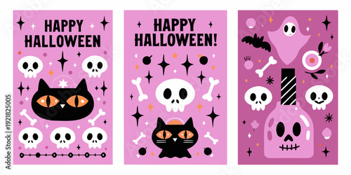 Colorful halloween themed cards featuring skulls cats and festive text
