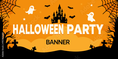 Festive halloween party banner with ghosts castle and spooky decorations