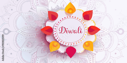 A vibrant diwali celebration with floral motifs and glowing diya lamps