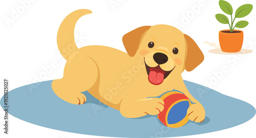 Happy golden retriever pet having fun with colorful plaything on blue mat flat vector illustration.
