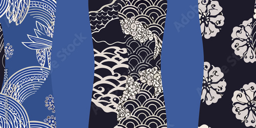 Japanese inspired textile designs featuring waves flowers and traditional patterns