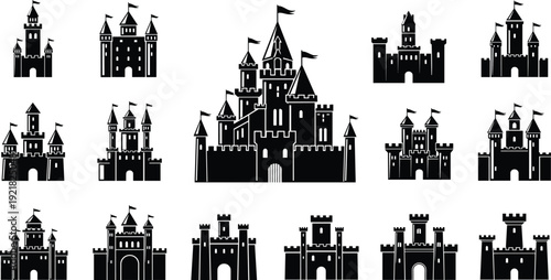Medieval castle silhouettes set with towers and fortresses, fantasy architecture collection, black vector illustration isolated on white background for design