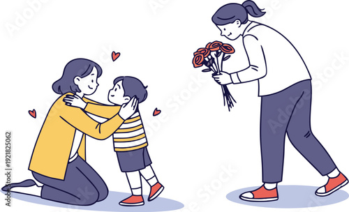 Child hugging mother while other parent holds carnations family love parents