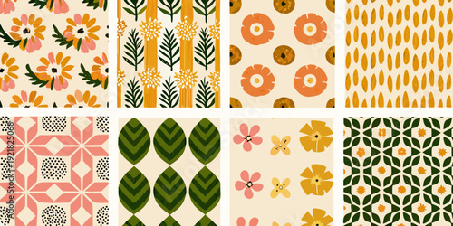 Collection of retro floral and geometric patterned fabric swatches