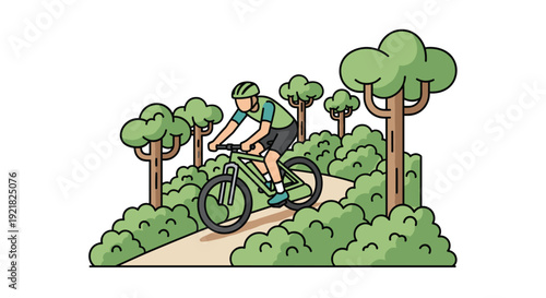 A person wearing a helmet rides a mountain bike on a dirt trail winding through a lush green forest with trees and bushes.