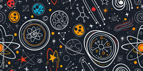 Abstract science patterns featuring atoms planets and colorful doodles