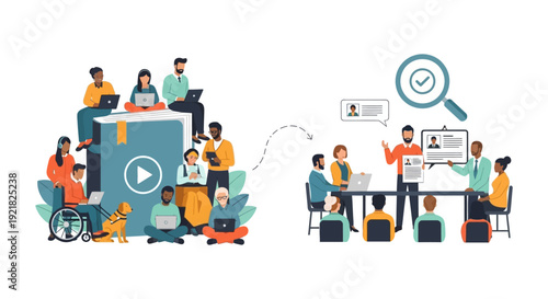 Digital Education to Employment: Diverse Group Learning, Skill Development, Recruitment, and Career Success Pathway.