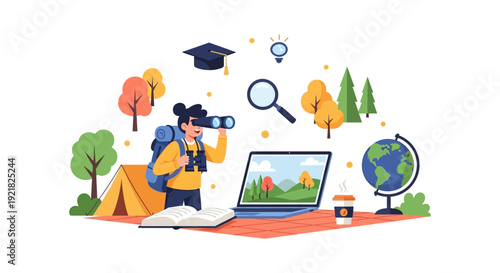 Online Learning and Nature Exploration. Student with Laptop, Binoculars, and Globe Representing Remote Education, Digital Nomadism, and Global Discovery