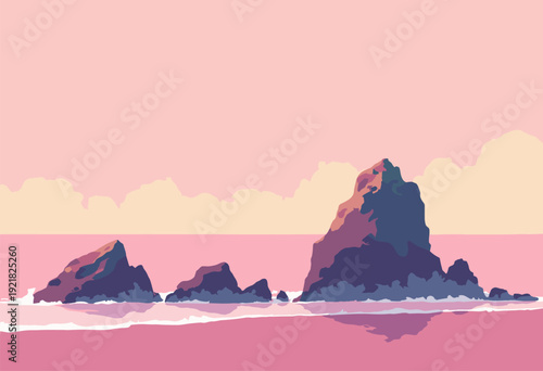 Needles Isle Wight depicted as sharp, angular geometric rocks rising from pink sea Modern graphic style