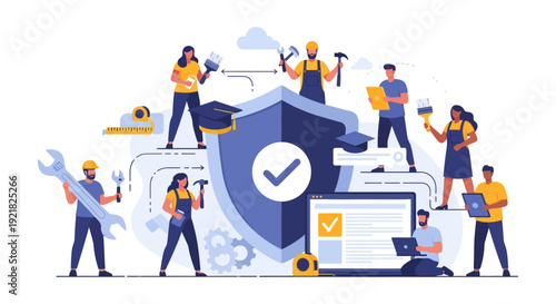 Professional Skilled Workforce Certification and Quality Guarantee Illustration. Diverse Tradespeople, Mechanics, and Tech Support Service Protection Concept.