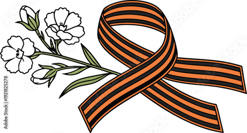 Close up of russian victory day ribbon black and orange with white flowers St George's ribbon