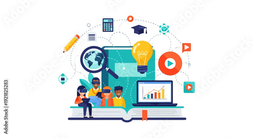 Digital Education, E-Learning, and EdTech Concept. Students Using VR Goggles for Knowledge, Innovation, and Online Training.