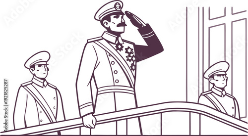 King of romania saluting citizens on monarchy day with guards salute