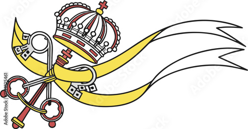 Vatican coat of arms with papal tiara and keys on yellow ribbon