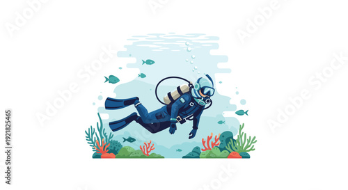 A scuba diver in a blue wetsuit and mask explores a colorful underwater coral reef ecosystem with swimming fish.