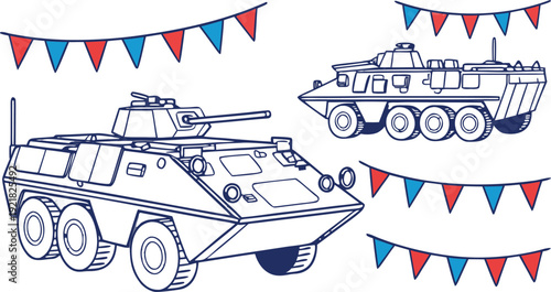 Russian military vehicles decorated with red blue triangular bunting armored vehicles