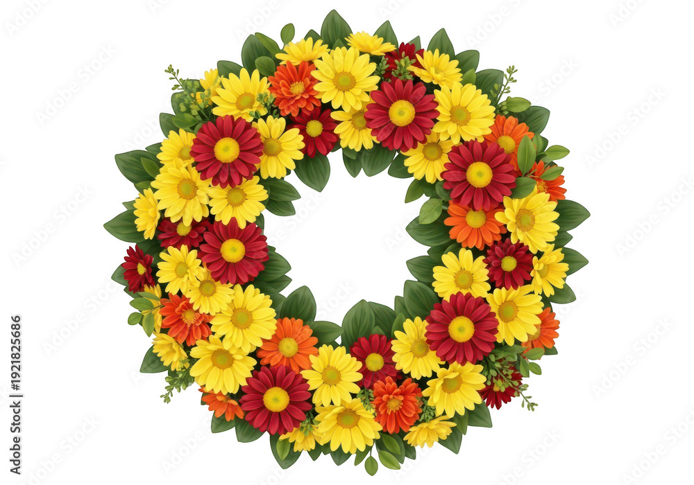 Obraz premium Vibrant autumn flower wreath with yellow red orange daisies green leaves heart shape