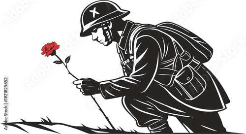 Vintage war ii soldier silhouette holding red rose flower