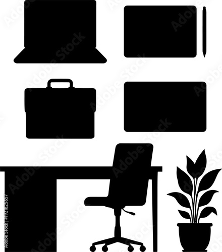 Stylized black silhouette modern office workspace illustration with desk, swivel chair, laptop, monitor, tablet, briefcase, and potted plant motifs