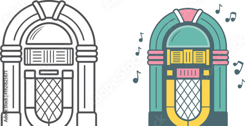 Classic jukebox illustration, retro music design, colorful vintage entertainment artwork