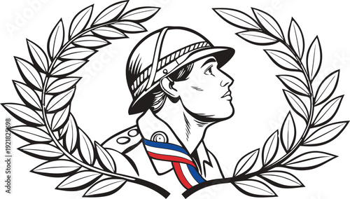 W I French soldier profile with laurel wreath and tricolor ribbon WWII military