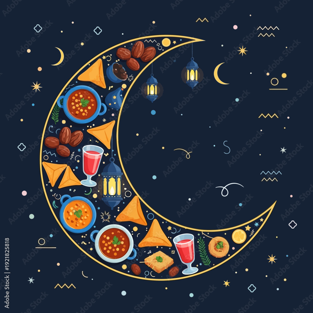 Naklejka premium Cute flat vector illustration of a crescent moon filled with traditional delights for Ramadan and Eid celebrations, surrounded by festive stars and lanterns for a blessed night