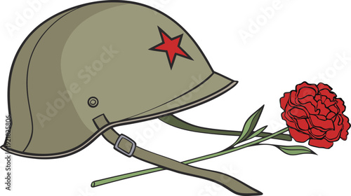 Soviet style military helmet with red carnation plant