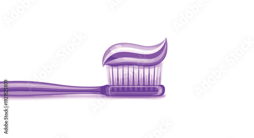 A purple toothbrush with a generous wave of purple toothpaste on its bristles is ready for dental care.
