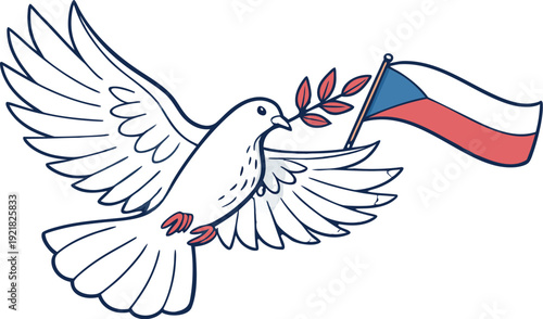 White dove carrying olive branch and czech flag peace dove