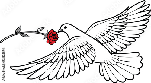White dove carrying red carnation flower in beak bird wings spread
