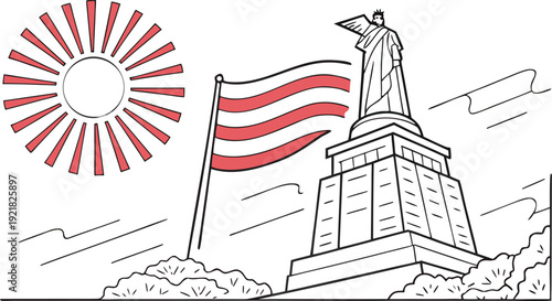 Statue of Liberty with Japanese sun symbol and American flag patriotism Japan constitution