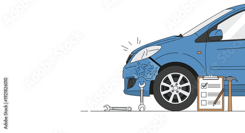 Blue car with damaged front bumper, surrounded by repair tools such as wrenches, a hammer, and a clipboard checklist.