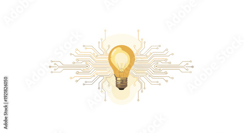 Brightly glowing lightbulb at the center of a complex golden electronic circuit board pattern, representing innovation and technology.