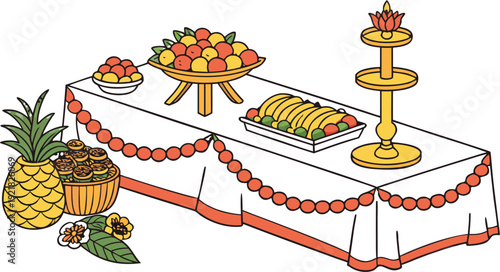 Decorated ceremonial table with fruits and flowers for royal ploughing ceremony