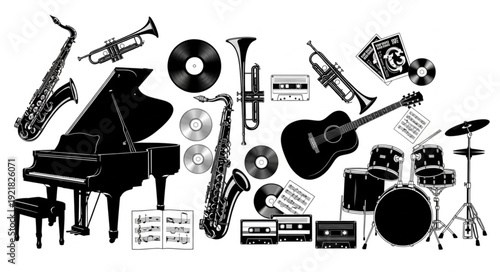 Collection of musical instruments and audio equipment.