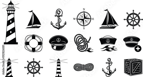 Nautical marine icons set lighthouse anchor compass ship wheel rope lifebuoy sailor hat vector illustration vintage sea navigation collection isolated design elements