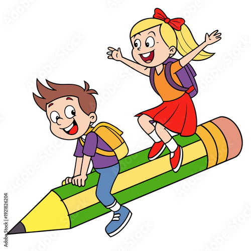 Two children riding on a giant pencil Vector