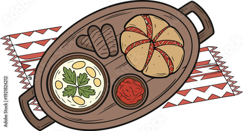 Traditional kosovo food platter with bread and dips
