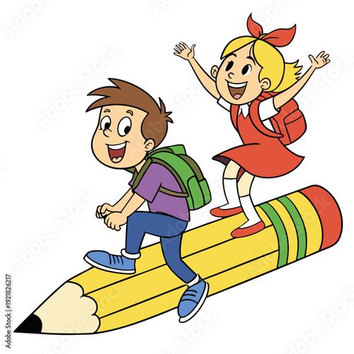 A cartoon boy and girl riding on a giant pencil Vector