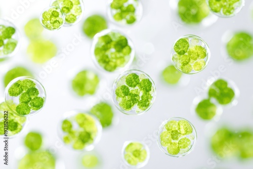 Microphotography of green plant cells in circular structures, showcasing vibrant chloroplasts against a light background, emphasizing cellular details and organic forms