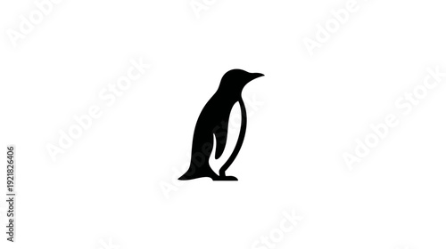 Minimalist black penguin silhouette illustration on a clean white background. Simple graphic of a flightless aquatic bird.