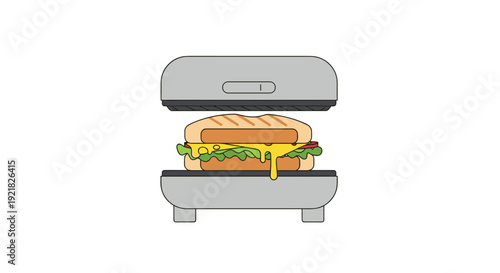 Close-up of a sandwich maker pressing a thick sandwich with melting cheese, lettuce, and other ingredients inside.