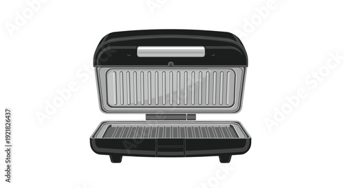 An open black electric countertop grill with ribbed cooking plates is ready for use on a clean white background.