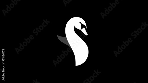 Elegant white swan head and neck minimalist graphic illustration logo concept on black background. Modern stylized bird design.